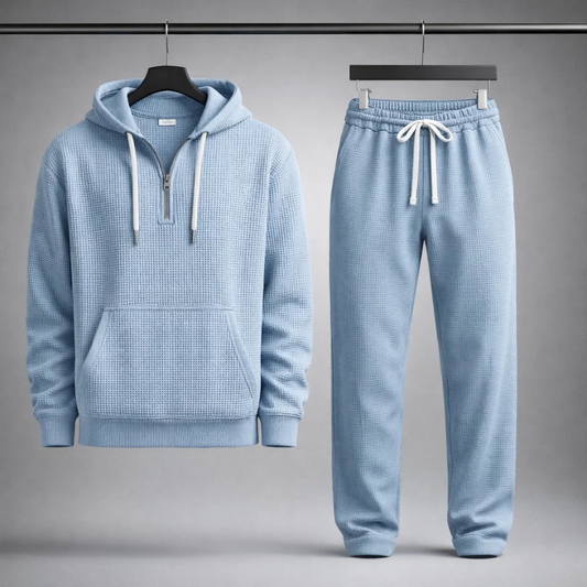 Men's comfortable textured lounge set with hoodie & joggers, perfect for athleisure & relaxation.