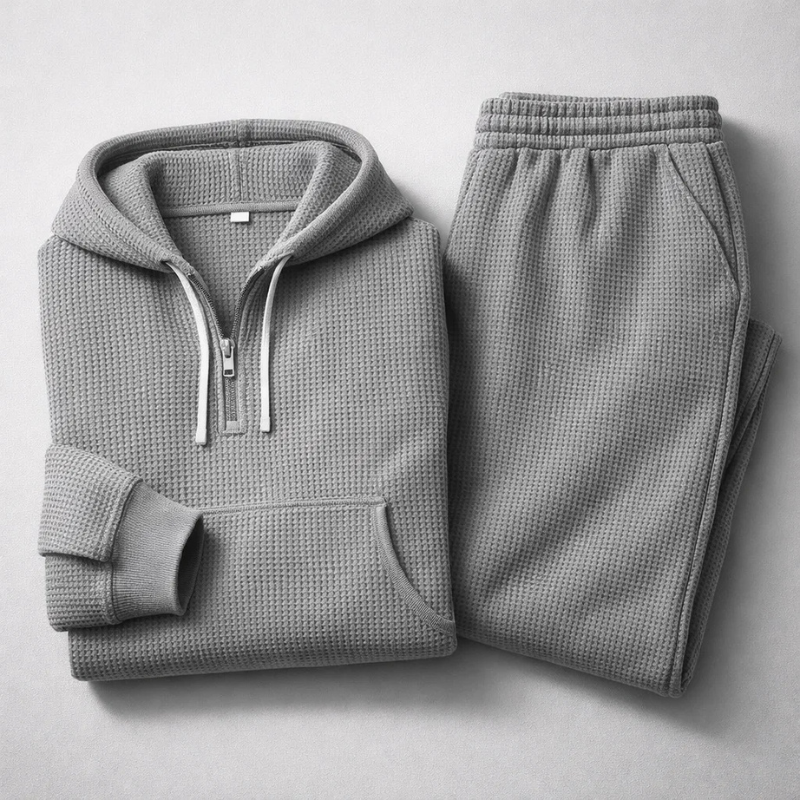 Men's durable textured lounge set, including a long-sleeve hoodie and comfortable joggers.