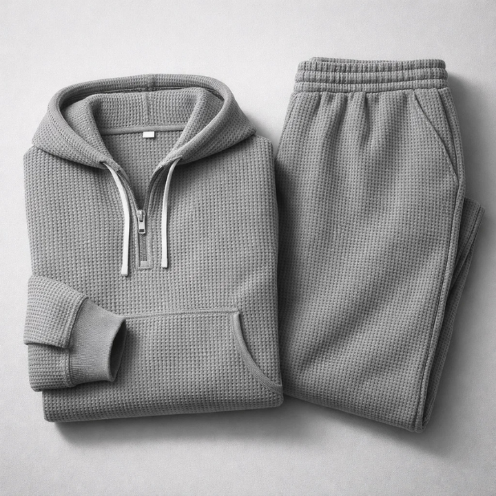 Men's durable textured lounge set, including a long-sleeve hoodie and comfortable joggers.
