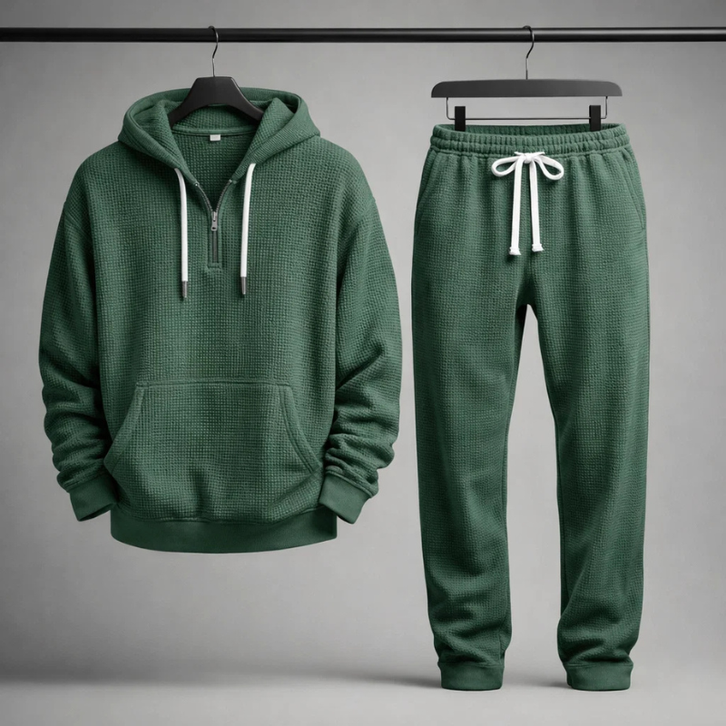 Detail of the men's textured hoodie, part of a comfy lounge set, ideal for relaxed fashion.