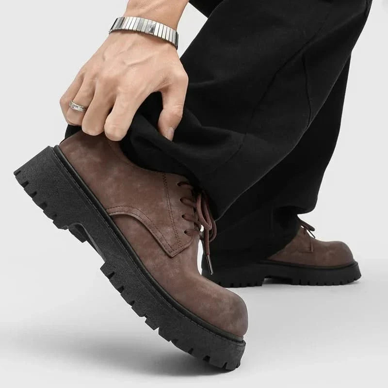 Comfortable brown men's thick-sole derby shoes, ideal durable footwear for casual or dressy looks.