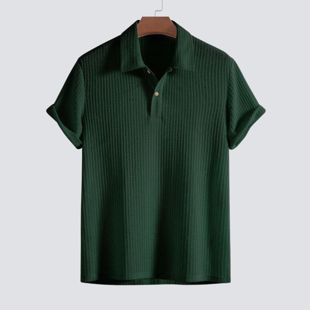 Model wearing a stylish men's waffle knit polo, a versatile casual shirt for elevated everyday fashion.