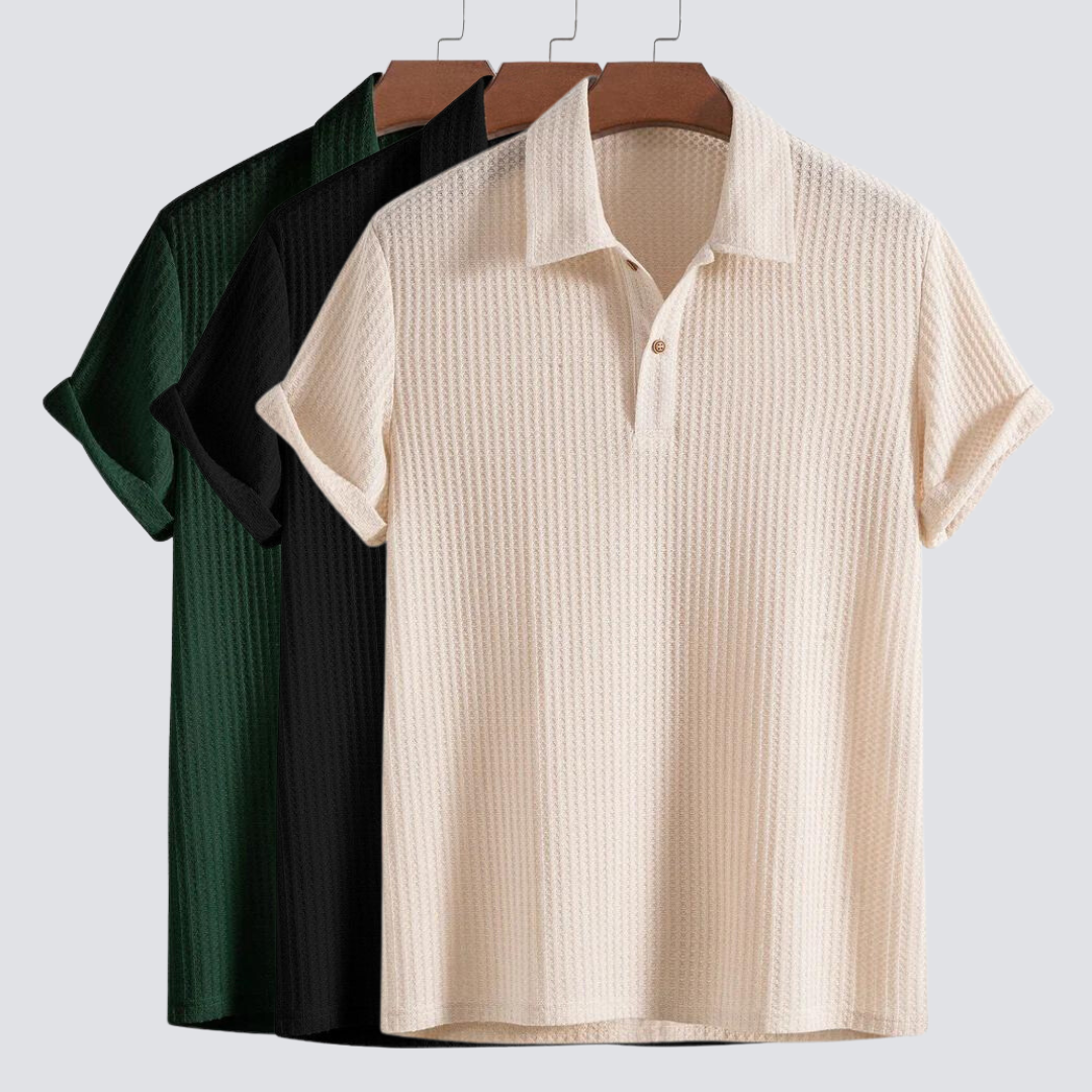 Men's smart casual waffle knit polo shirt, ideal for a polished look with comfort. A top fashion choice.
