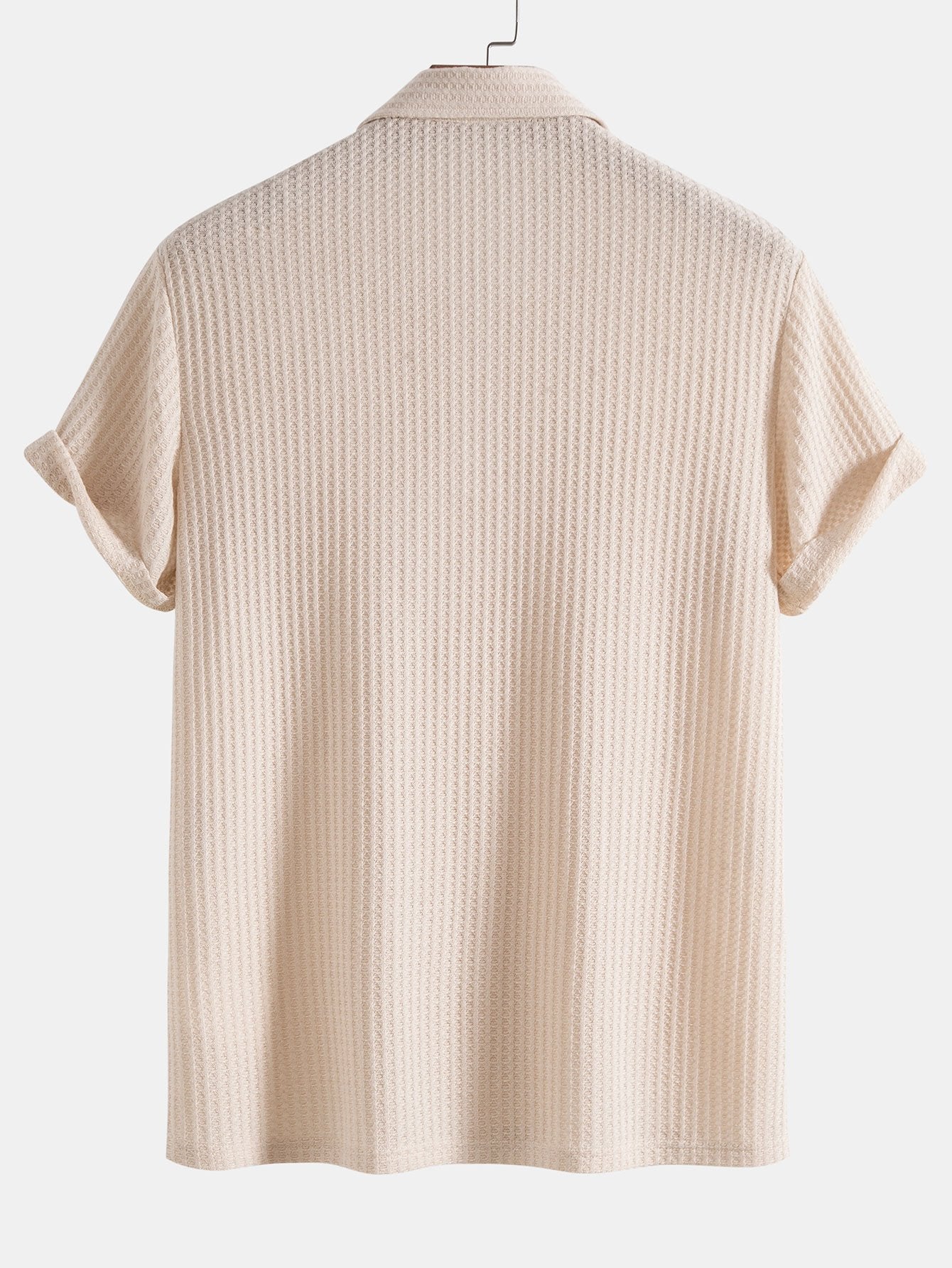 Front view of a classic men's waffle knit polo shirt, a comfortable and stylish fashion top for any occasion.