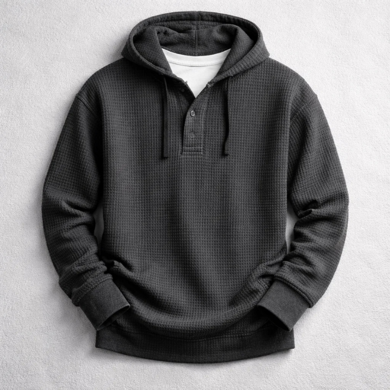 Men's warm waffle knit pullover hoodie, designed for comfort and casual everyday style, a fall fashion essential.