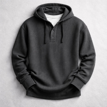 Men's warm waffle knit pullover hoodie, designed for comfort and casual everyday style, a fall fashion essential.
