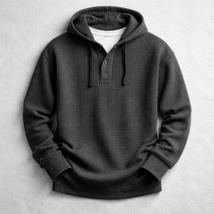 Men's warm waffle knit pullover hoodie, designed for comfort and casual everyday style, a fall fashion essential.