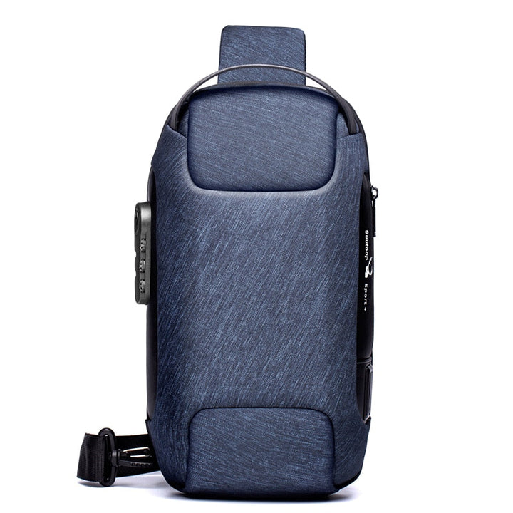 Durable water-resistant men's travel crossbody bag with anti-theft design & convenient USB charging feature.