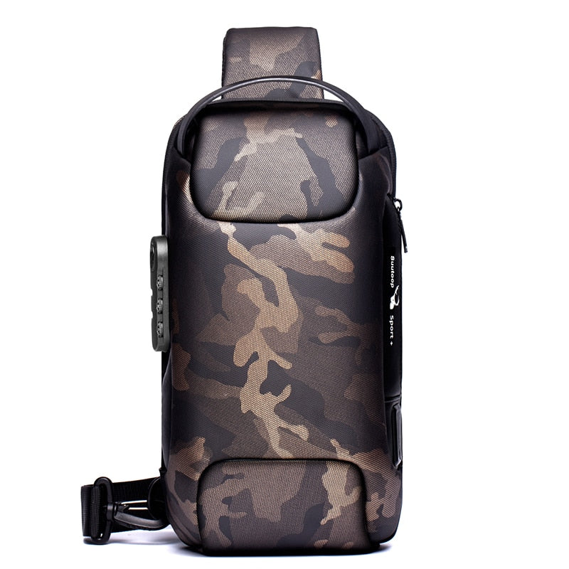 Sleek men's shoulder bag: compact, anti-theft, water-resistant, and includes a practical USB charging port.