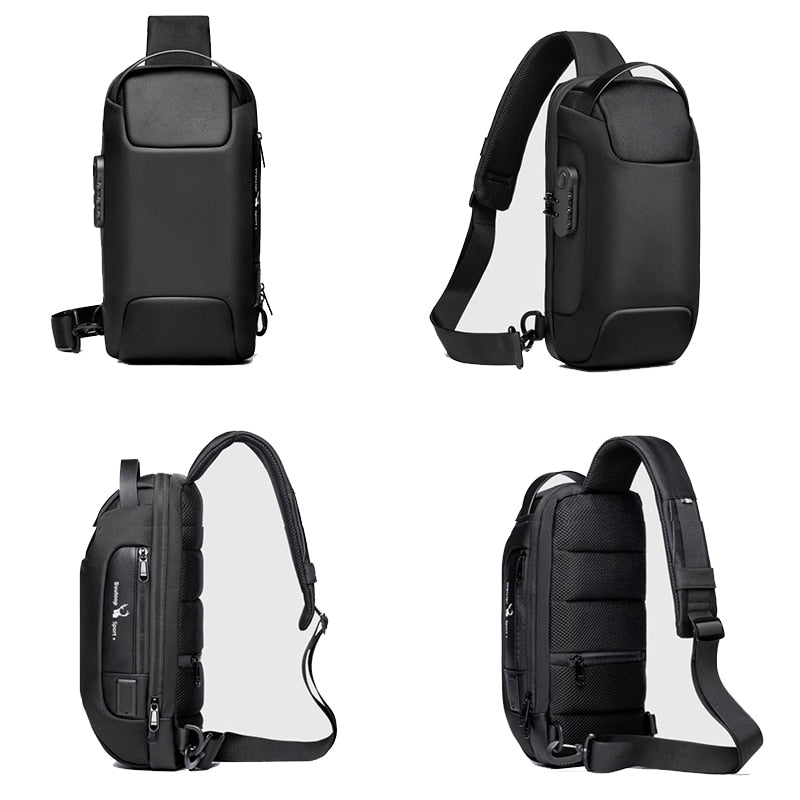 Front view of men's compact anti-theft water-resistant crossbody bag, showcasing USB charging port.