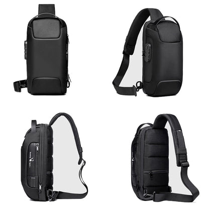 Front view of men's compact anti-theft water-resistant crossbody bag, showcasing USB charging port.