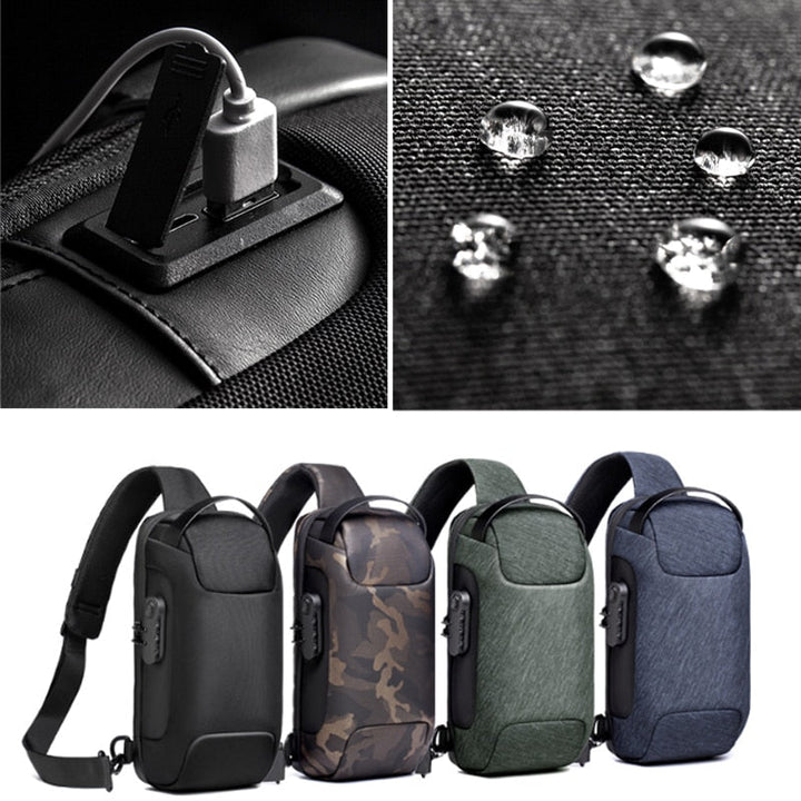 Water-resistant men's anti-theft crossbody bag, built for durability with integrated USB charging capability.