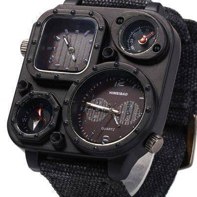 Men's Compass Dual Movement Quartz Outdoor Watch with black case, brown canvas strap, and clear dual display