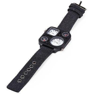 Tactical men's adventure watch with dual movement, integrated compass, and rugged olive green canvas band