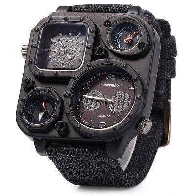 Stylish men's outdoor gear: compass quartz watch with large numerals and a comfortable, sturdy canvas strap