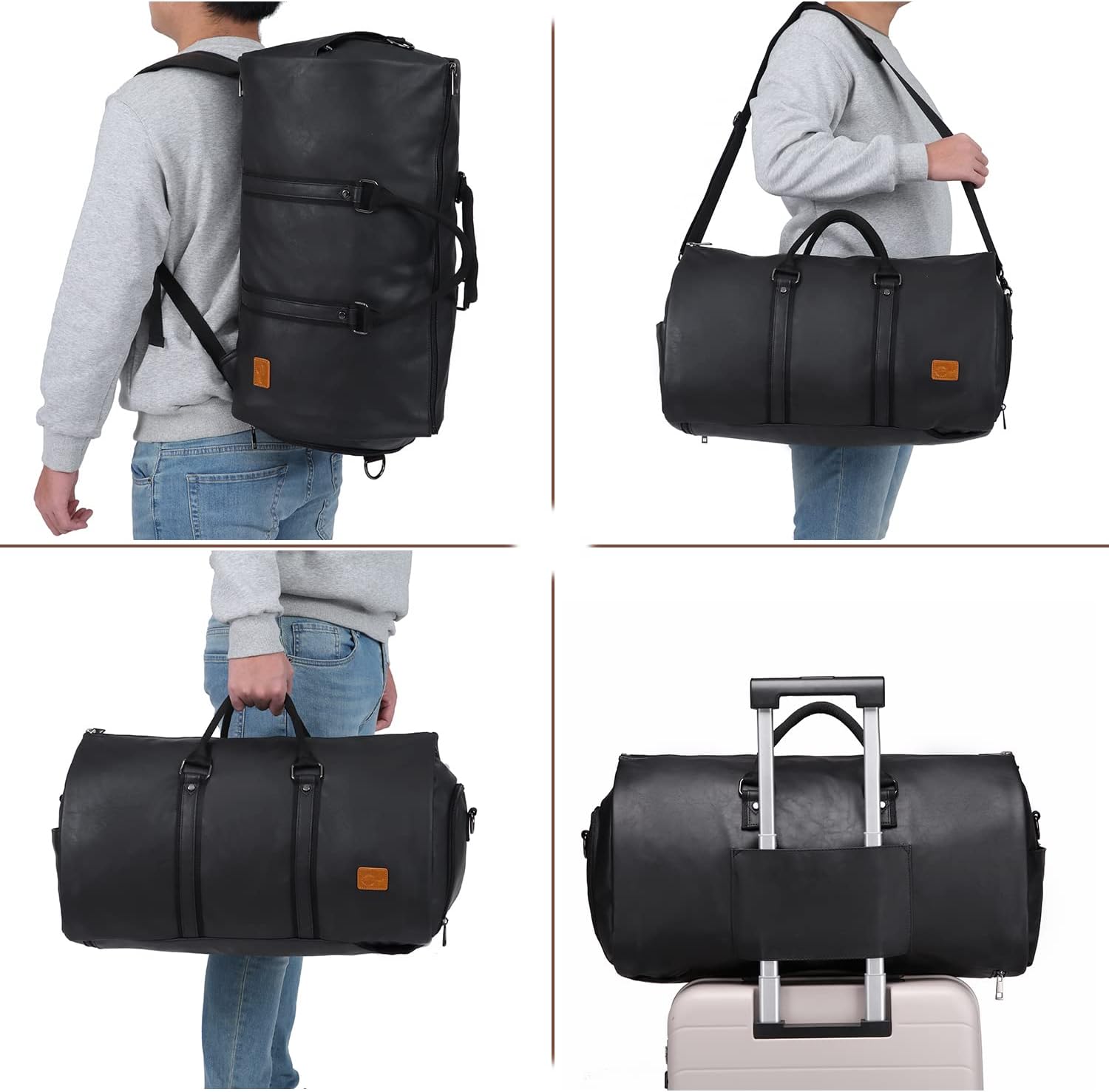 Front view of men's weekender garment duffel bag, showing main compartment & durable design.