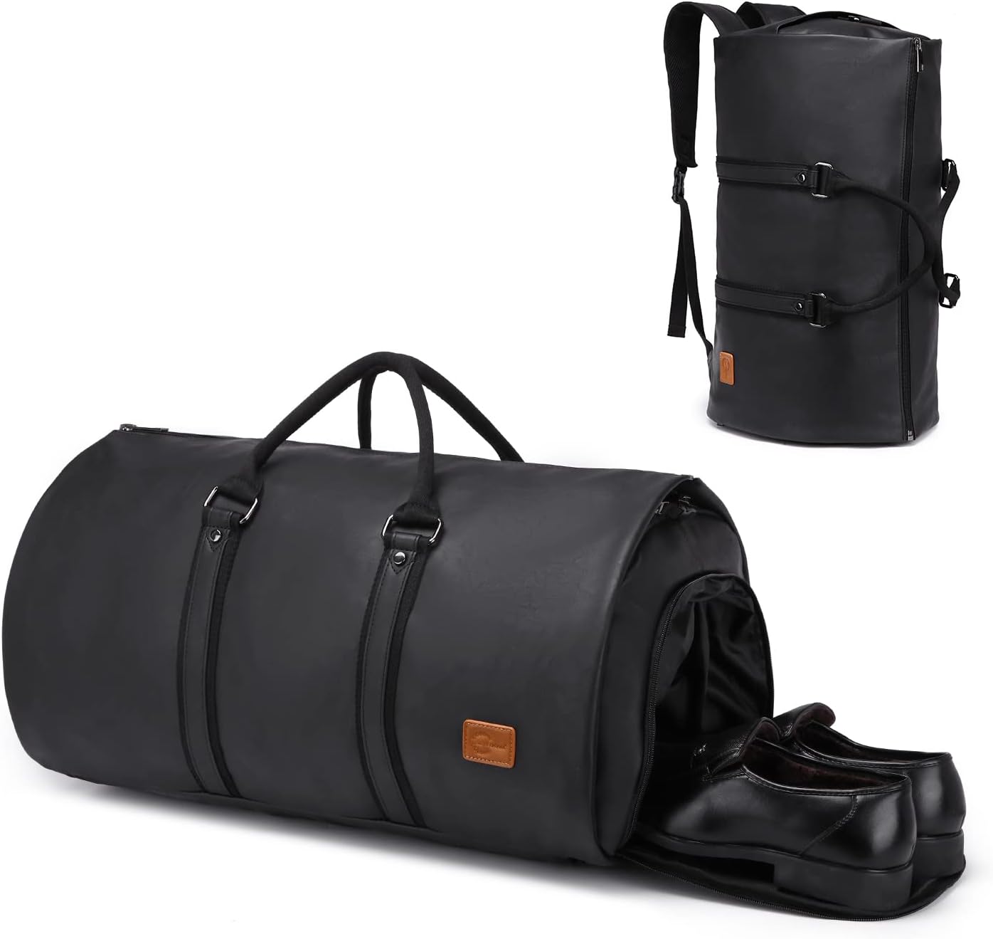 Open men's garment bag revealing wrinkle-free suit storage, a smart business travel organizer.