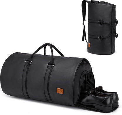 Open men's garment bag revealing wrinkle-free suit storage, a smart business travel organizer.
