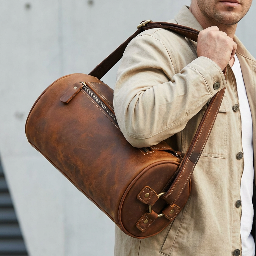 Front view of Cooper men's leather messenger bag, a stylish and practical work & travel accessory.