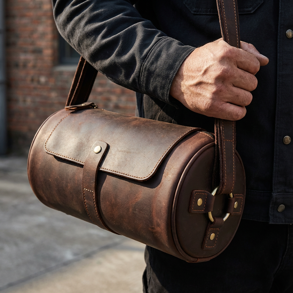 Side profile of the brown genuine leather messenger bag for men, a versatile everyday carryall.