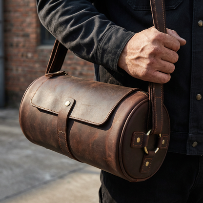 Side profile of the brown genuine leather messenger bag for men, a versatile everyday carryall.