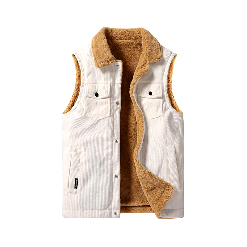 Men's corduroy vest, cashmere-lined for winter warmth. Classic sleeveless jacket, perfect for cold weather.