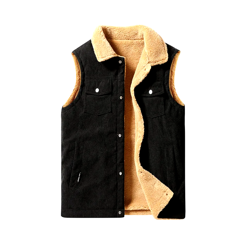 Warm men's corduroy vest with soft cashmere lining. Stylish winter outerwear, ideal for layering.