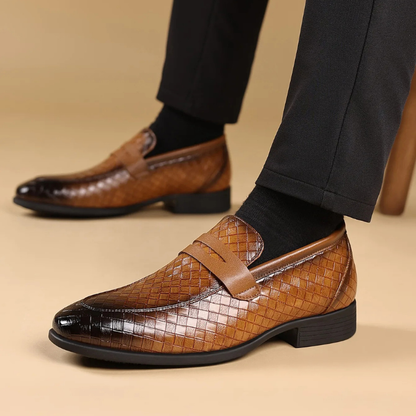 Dynamic shot of men's Corté woven slip-on loafers in motion, comfortable and stylish.