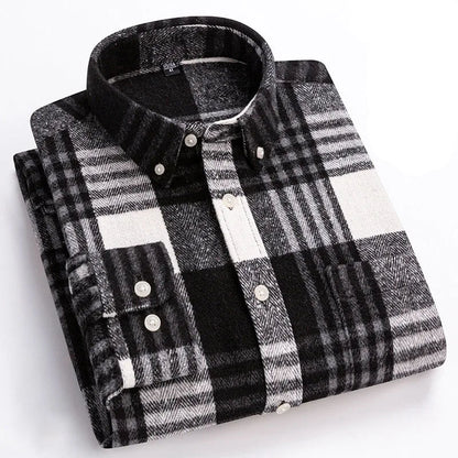 Men's cozy brushed flannel shirt, long sleeve button down, perfect for warm, casual everyday wear.