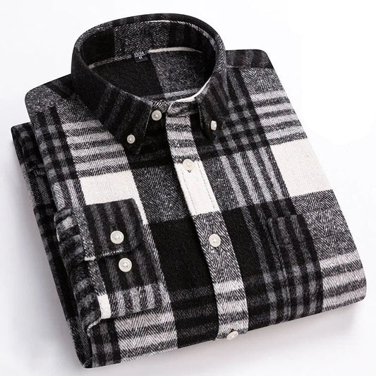 Men's cozy brushed flannel shirt, long sleeve button down, perfect for warm, casual everyday wear.