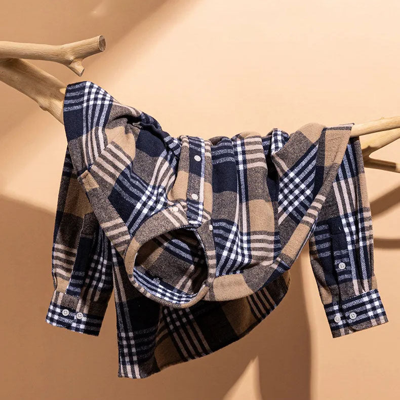 Classic check pattern men's brushed flannel shirt, long sleeve, warm button down, casual and cozy.