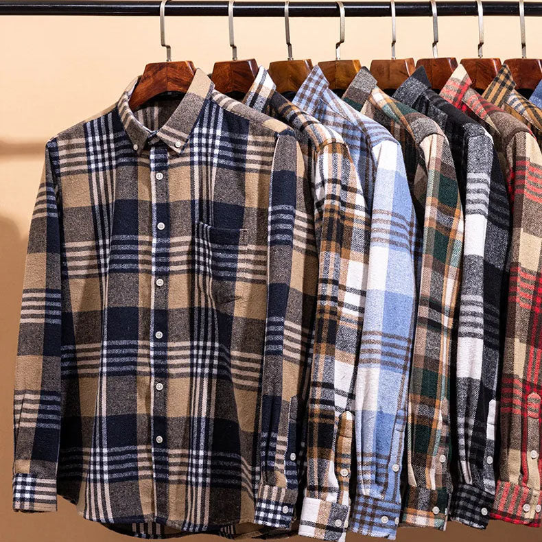 High-quality men's brushed flannel shirt, durable long sleeve, warm button down for lasting casual style.