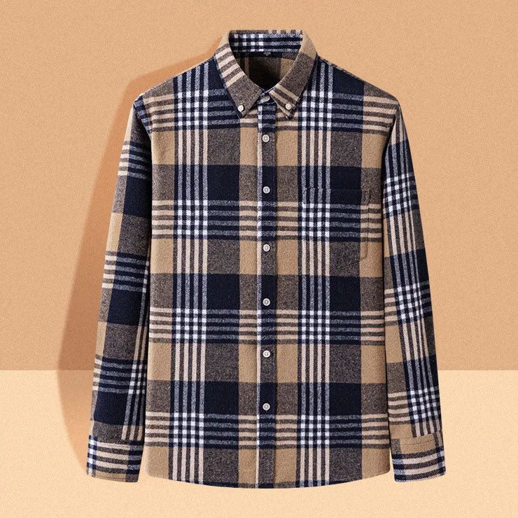 Man enjoying a casual day in a cozy long sleeve brushed flannel shirt, warm button down for comfort.