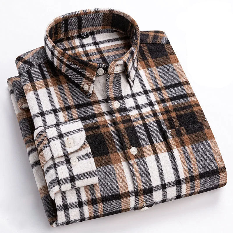 Close-up of soft brushed flannel fabric on a men's long sleeve button down shirt, cozy and warm.
