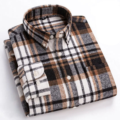 Close-up of soft brushed flannel fabric on a men's long sleeve button down shirt, cozy and warm.