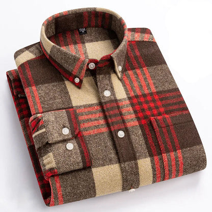 Man wearing a comfortable long sleeve brushed flannel shirt, casual button down style, warm and stylish.
