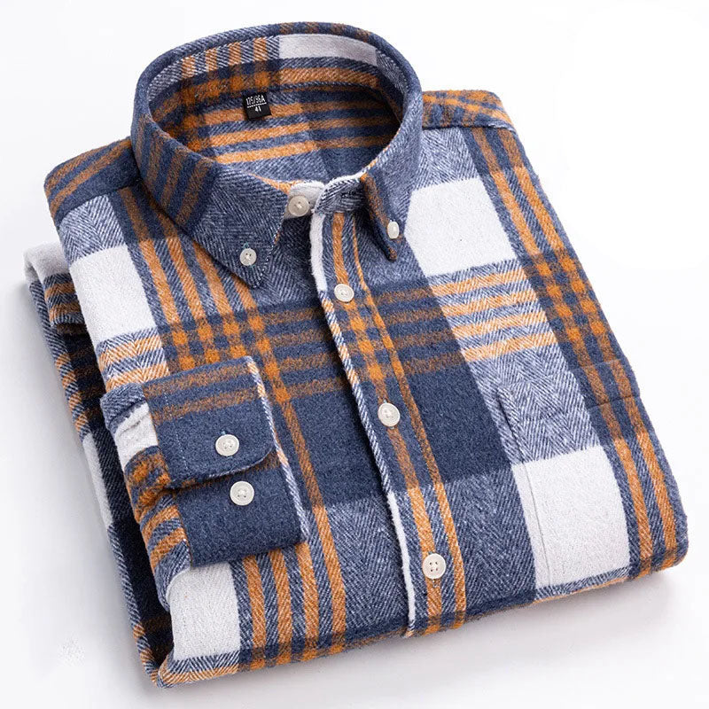 Side view of a man in a cozy brushed flannel shirt, long sleeve button down for everyday comfort.