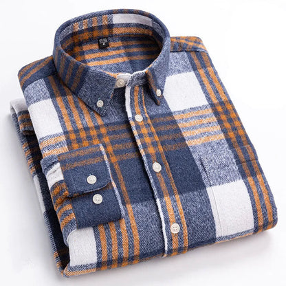 Side view of a man in a cozy brushed flannel shirt, long sleeve button down for everyday comfort.