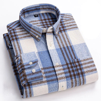 Detail of button down collar and buttons on a men's cozy brushed flannel shirt, stylish and warm.