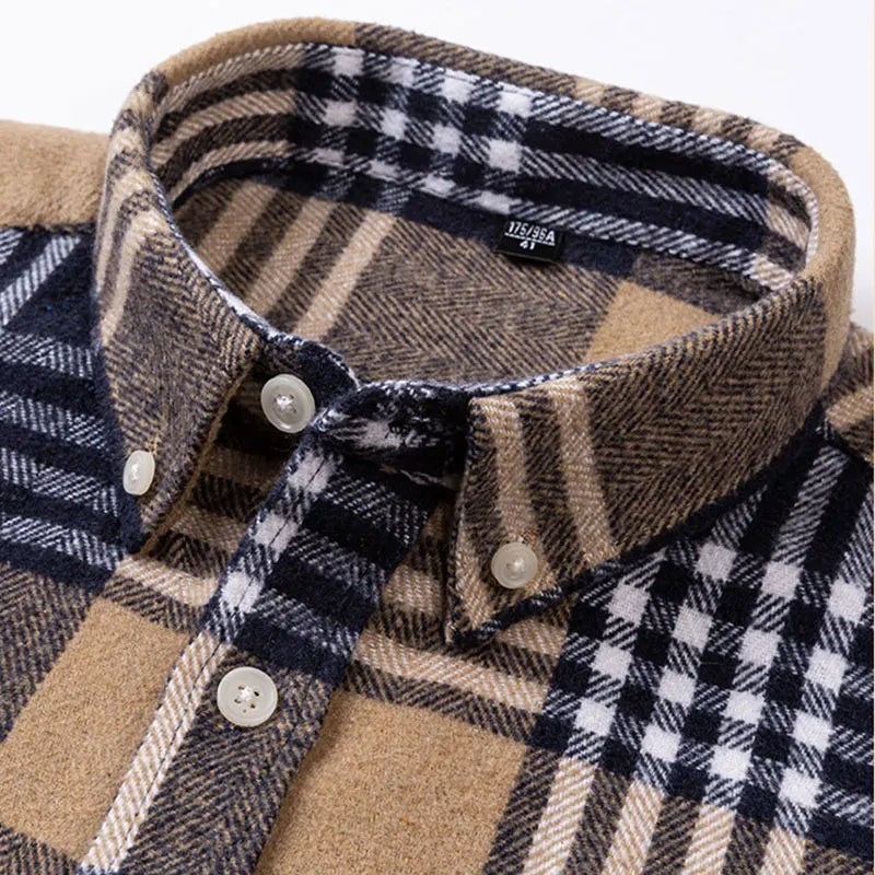 Warm men's long sleeve flannel shirt, brushed for extra comfort, perfect for cool weather casual wear.