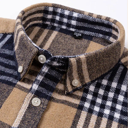Warm men's long sleeve flannel shirt, brushed for extra comfort, perfect for cool weather casual wear.