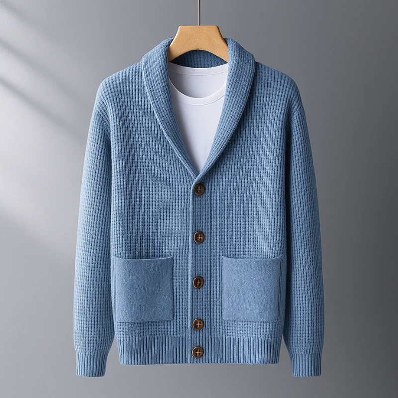 Men's cozy button-up cardigan sweater in a warm knit for stylish casual layering. Long sleeve knitwear for comfort.