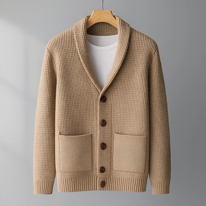 Stylish men's button-up knit cardigan sweater for everyday comfort. Warm, cozy, long sleeve casual wear.