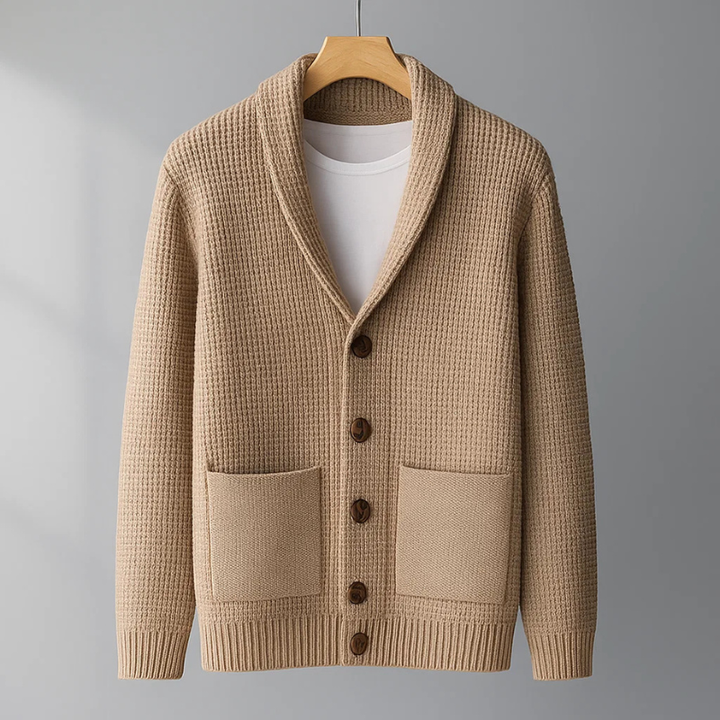 Stylish men's button-up knit cardigan sweater for everyday comfort. Warm, cozy, long sleeve casual wear.