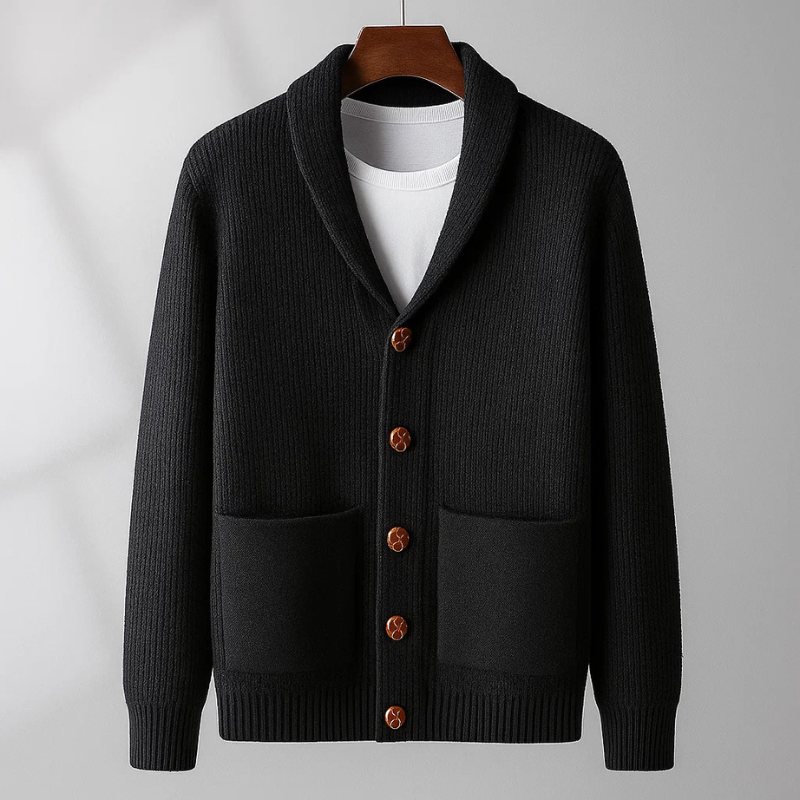 Warm men's button-up knit cardigan sweater. Cozy long sleeve layering piece for casual everyday style.