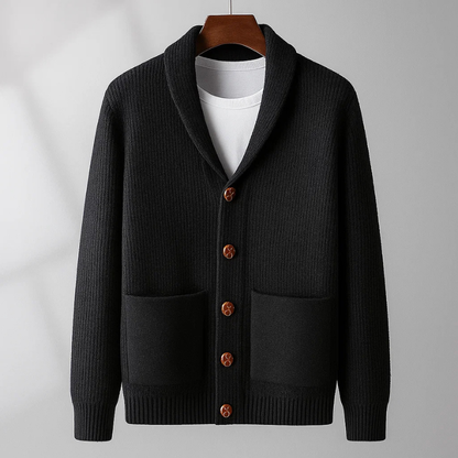 Warm men's button-up knit cardigan sweater. Cozy long sleeve layering piece for casual everyday style.