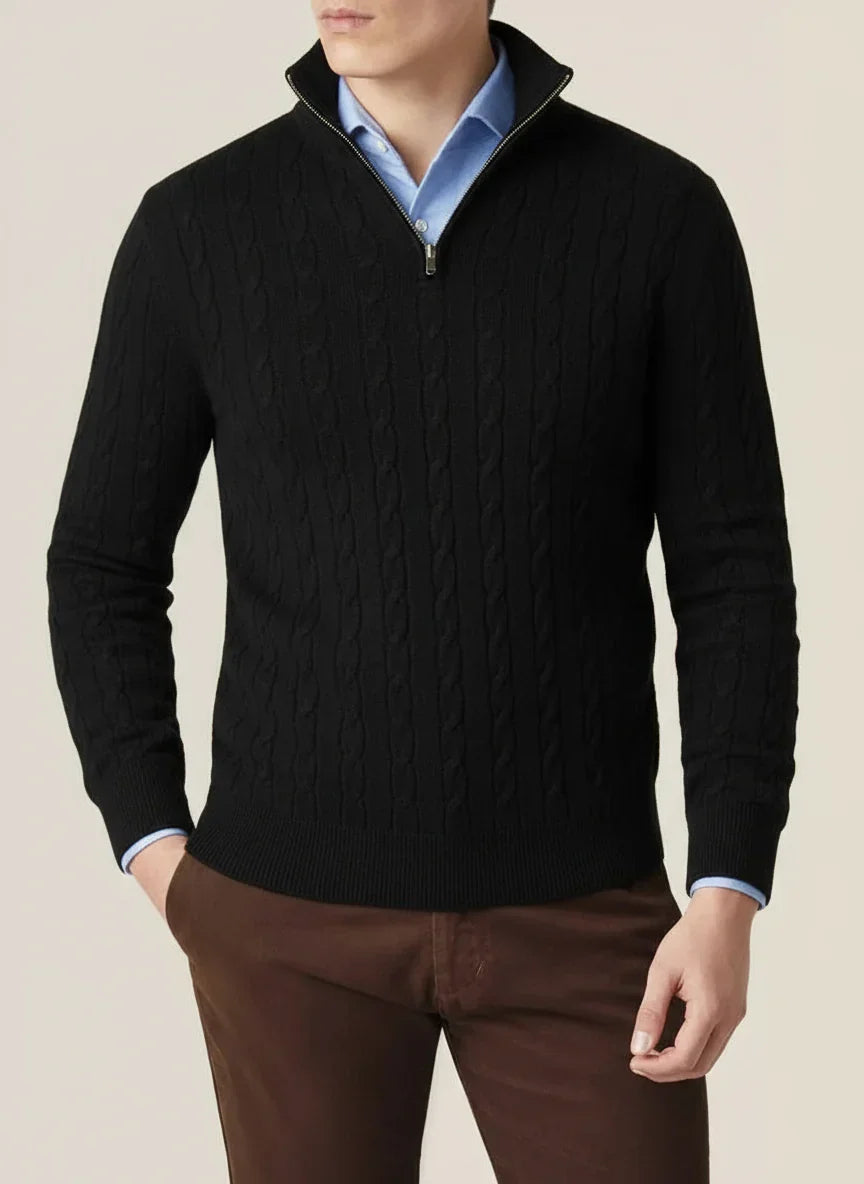 Men's cozy cable knit half-zip jumper, perfect for warm and stylish winter layering. A must-have pullover.
