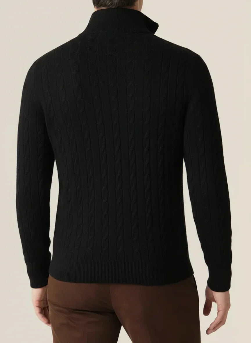 Stylish men's cable knit half-zip jumper with a stand collar, ideal for smart casual autumn fashion.