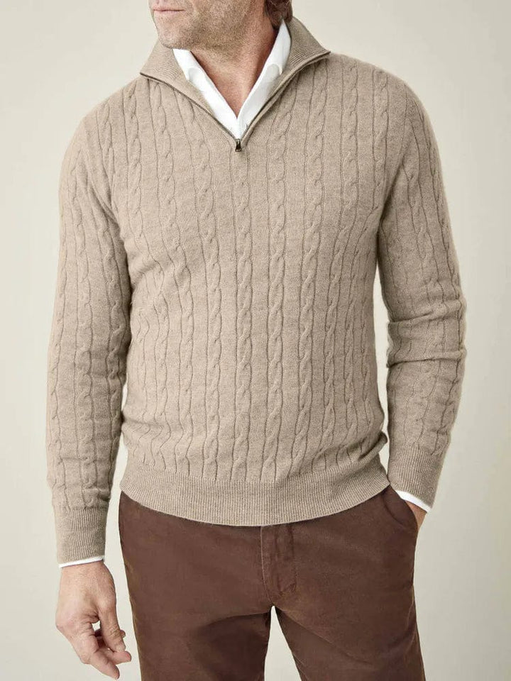 Versatile men's cable knit half-zip sweater for autumn & winter, great for casual or smart casual looks.