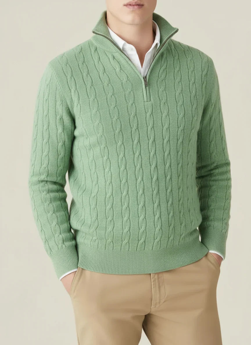 Classic men's cable knit half-zip sweater, offering warmth and style for men's autumn/winter fashion.